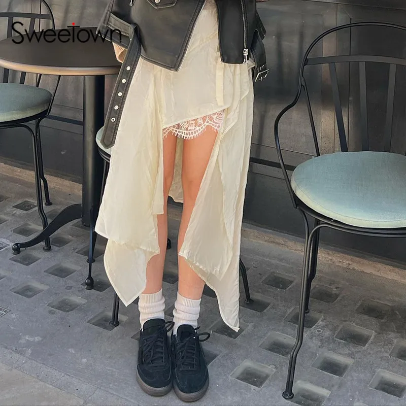 

Sweetown Fairycore Boho Asymmetrical Long Midi Skirts For Women Fashion 2023 Lace Trim Tie-Up Low Waist Japanese Y2K Maxi Skirt