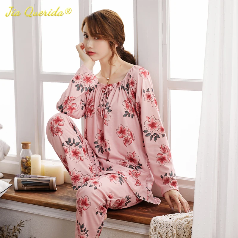 

V Neck Fashion Autumn Pajamas for Women Korean Stylish Pants 100% Cotton 3XL Sleepwear Long Sleeved Woman's Pijamas Lingerie