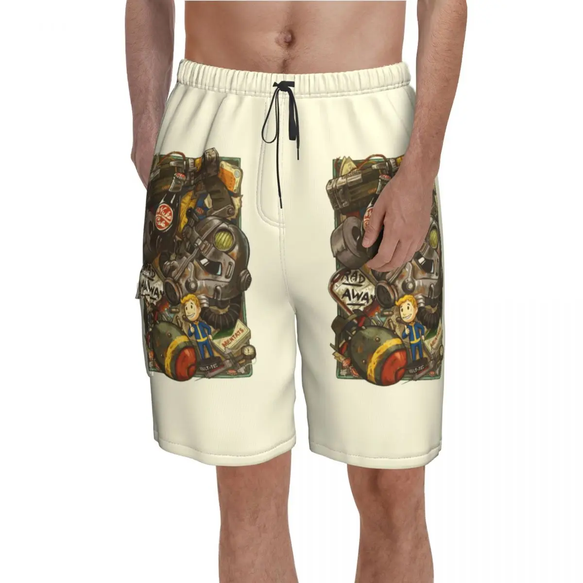 

Wasteland Cache Fallout 4 Board Shorts vault boy nuka cola power armor game Board Short Pants High Quality Male Swim Trunks
