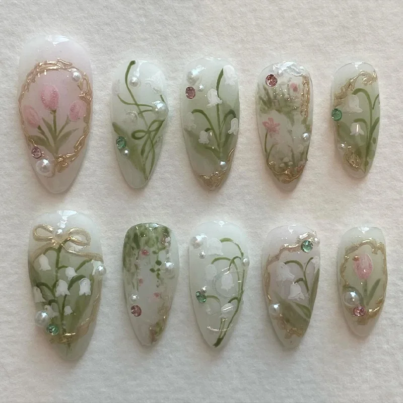 24 Pcs Press on Nails with Design Orchids Are Aesthetic Set of False Glue Sweet Ready-made Artificial Fake 2024