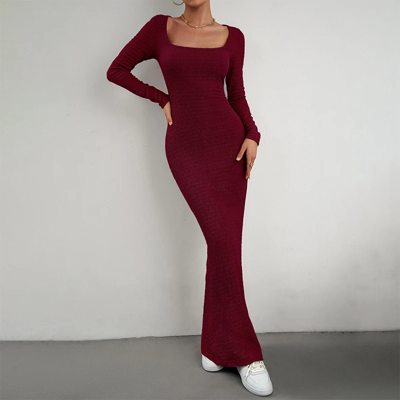 

Women Long Dresses with Long Sleeve Knitted Ribbed Square Neck Dress Autumn Party Club Skinny Bodycon Dress Ins Sexy Vestidos