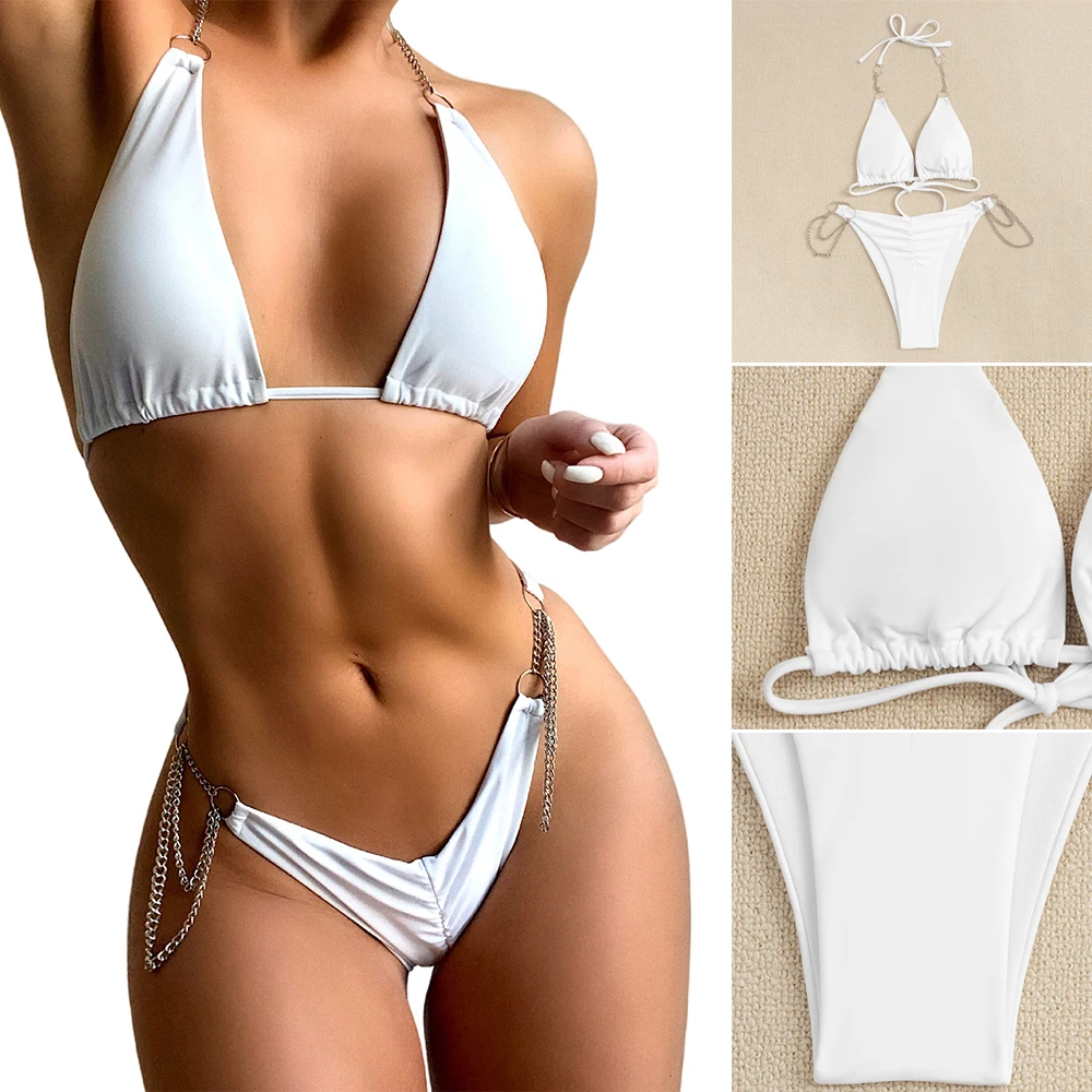 

Купальник с воротником-хомутом для женщин, сексуальный летний купальный костюм из 2 частей с цепочкой, тонкое нижнее белье, купальник для ба...