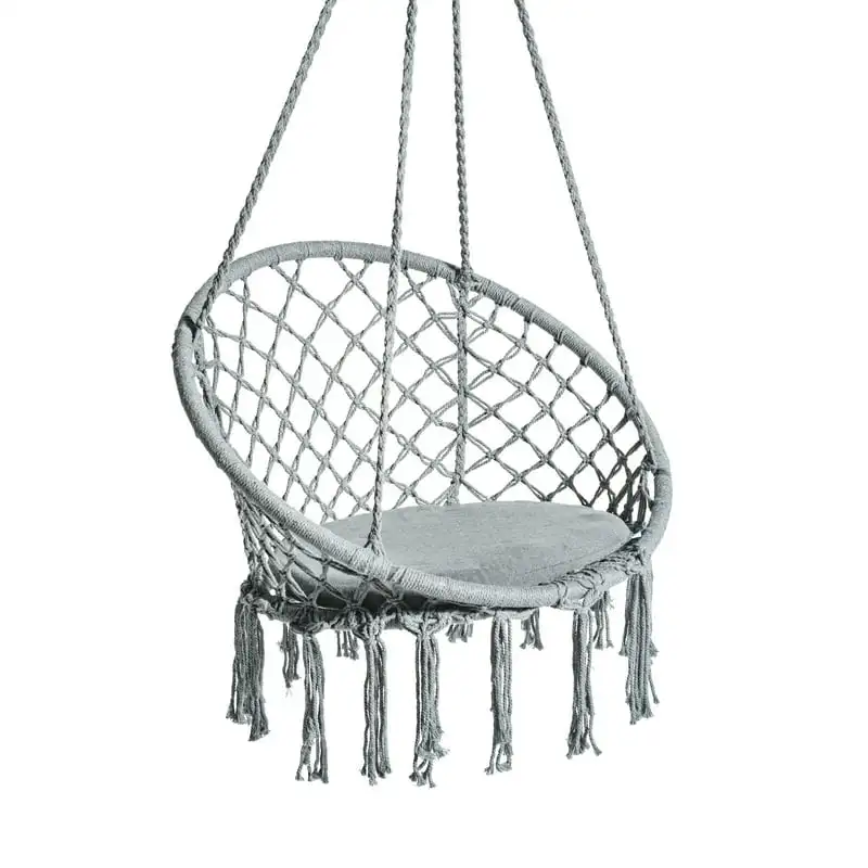 

31.5" Wide Macramé Swing Chair w/ Fringe lining & Padded Cushion, Eco-Friendly Cotton & Bohemian Style Design, 300 Lbs Capacity