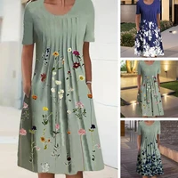 summer casual dress vintage short sleeve dress women dress contrast color o neck colorful flower print summer dress dating dress