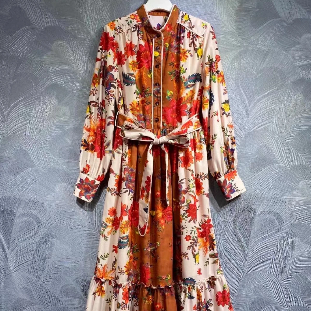 

Женское платье с длинным рукавом, платье с воротником-стойкой и принтом, Осень-зима 2023