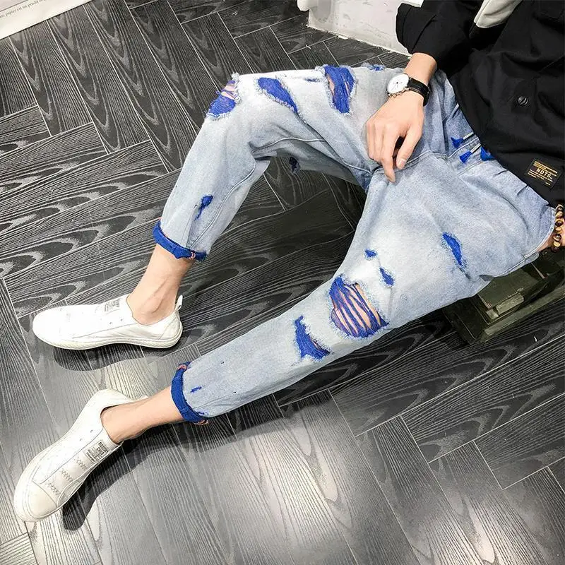 Spring and Summer New Men's Ripped Harem Pants Cropped Jeans Men's Loose Straight Fashion Brand Pants Cropped Pants