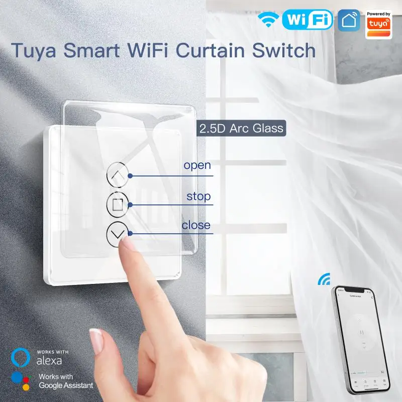 

WiFi RF433 Smart 2.5D Arc Glass Touch Curtain Switch for Roller Blinds Shutters Smart Life APP Works Alexa Google Voice control