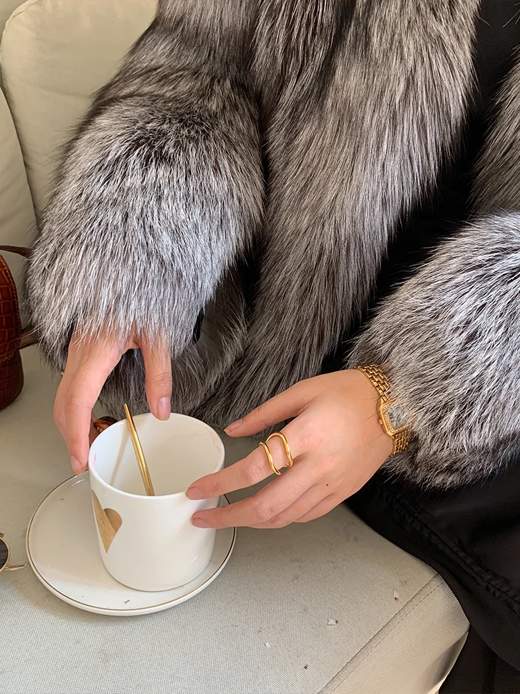 Luxury Genuine Fur Coat Winter Women Real Silver Fox Fur Coat Jacket Covered Button Thick Warm Causal Blue Fox Fur Coat