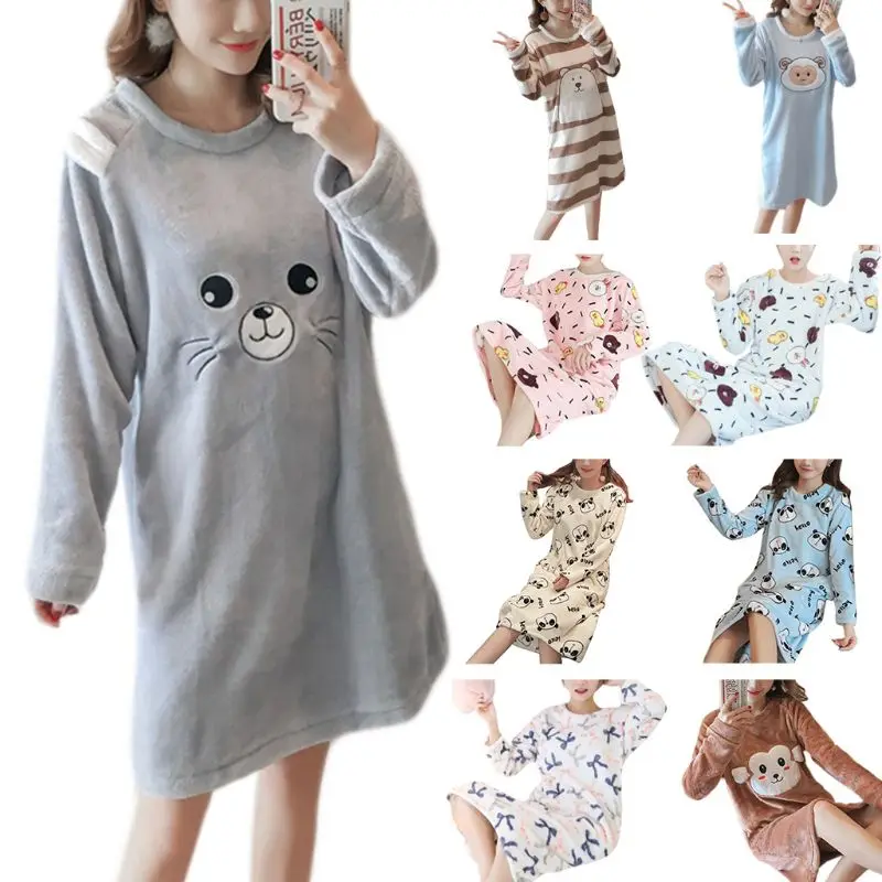 

Womens Winter Thicken Flannel Long Sleeve Nightgown Cartoon Animal Bear Pri