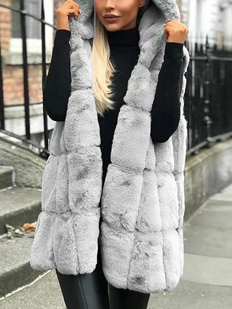 Autumn Winter Women Fox Fur Vest Hooded Fluffy Top Thick Warm Jacket Fashion Ladies Sleeveless Fleece Coat Female Outerwear 2022