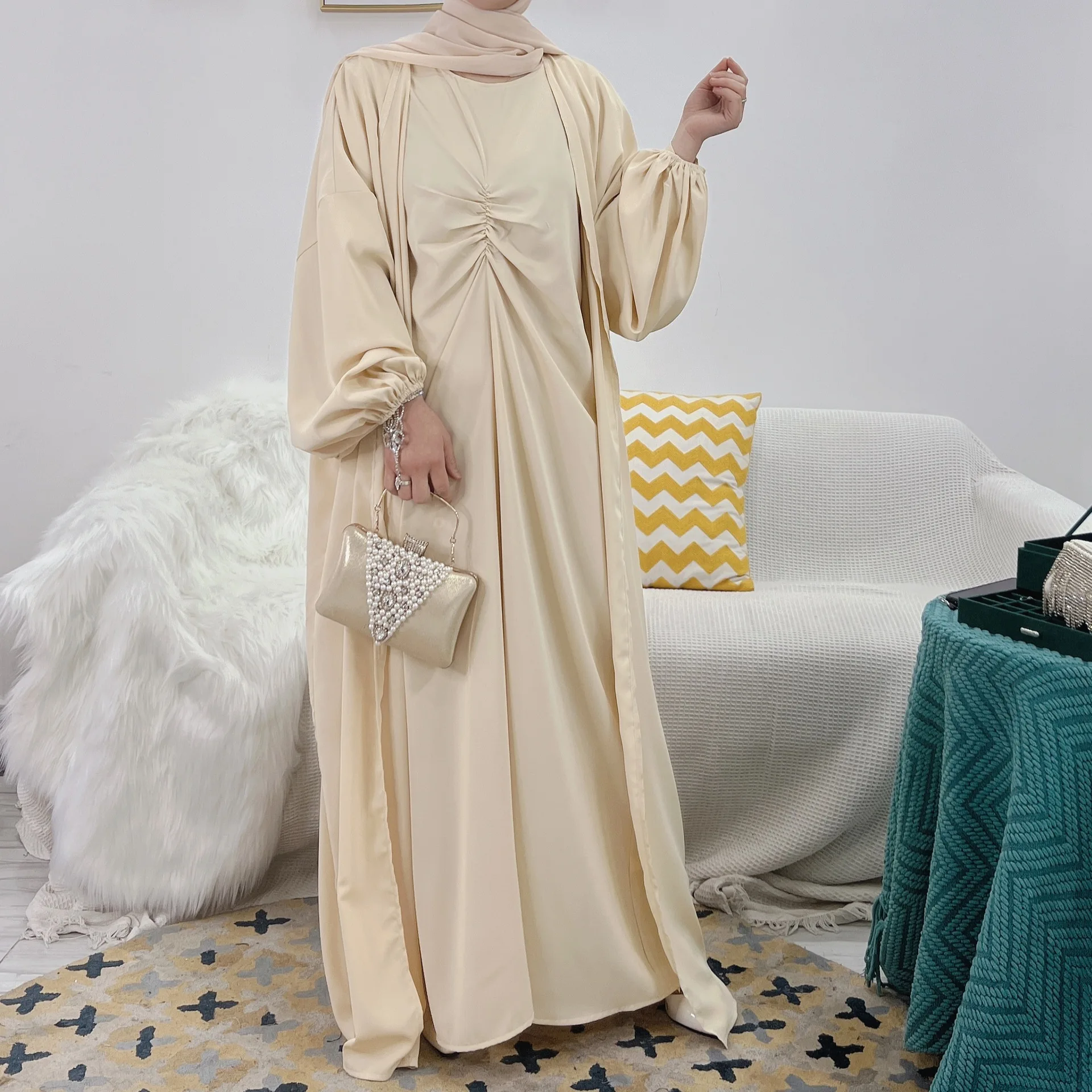 Muslim Sets 3 Pieces Open Abaya Dubai Turkey Abayas for Women Long Sleeve Hijab Dress Matching Suit Islam Modest Ramadan Kaftan