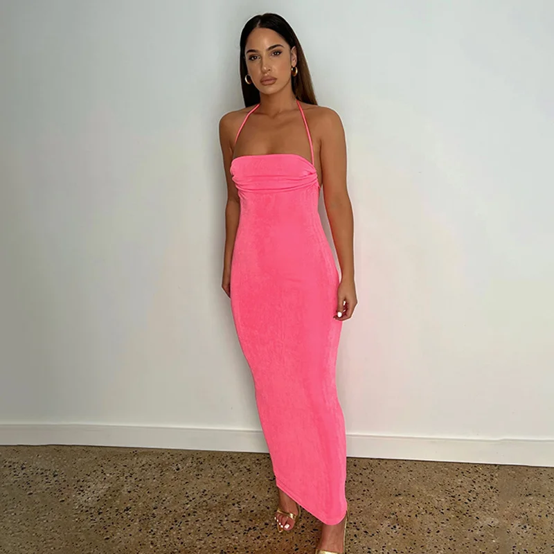 

Dresses 2022 Women's New Fashion Sexy Backless Slim Fit Round Neck Sleeveless Slit Party Tie Loose Solid Color Women's Dress