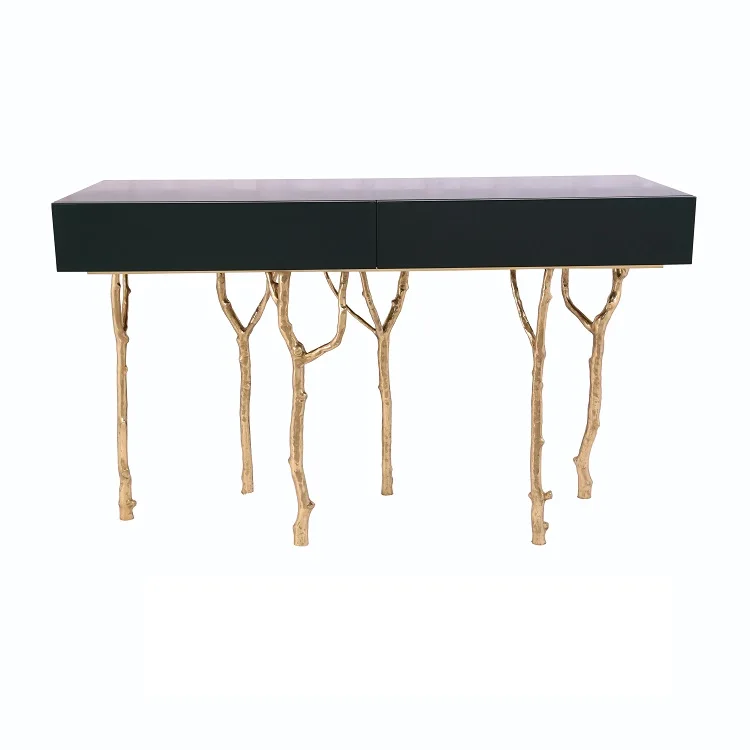 

Modern Luxury Console Table With Cabinet Made Of Bright Brass E1 MDF Dark Green Paint