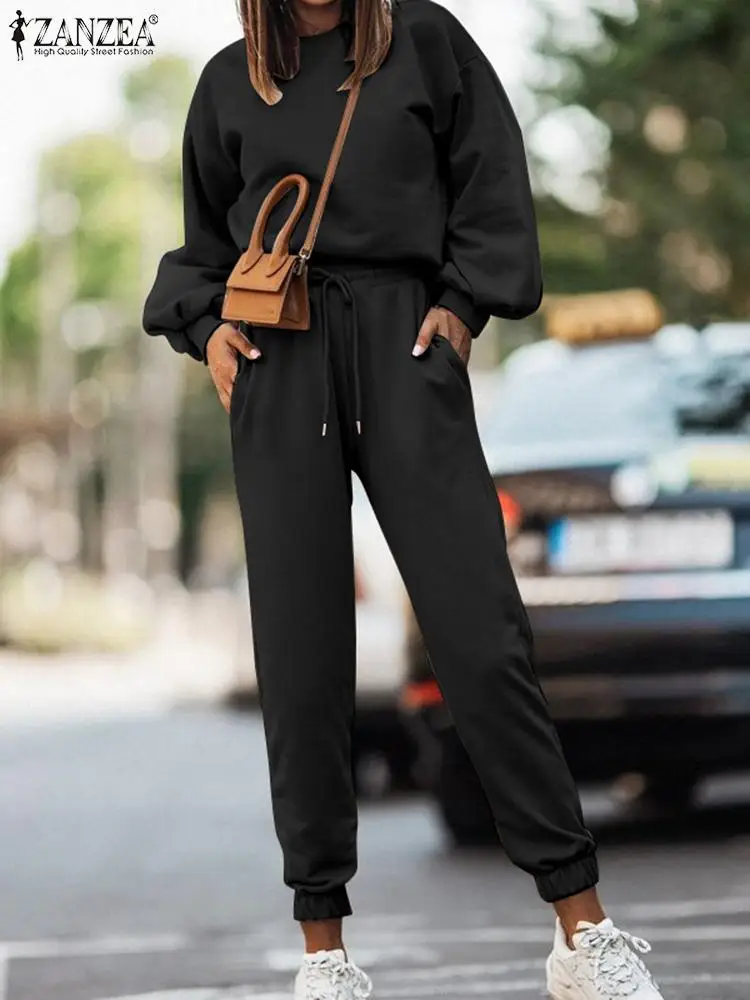 

2023 ZANZEA Fashion Matching Sets Autumn OL Work Outifits Puff Sleeve Solid Blouse Woman Loose Trousers 2PCS Casual Street Suits