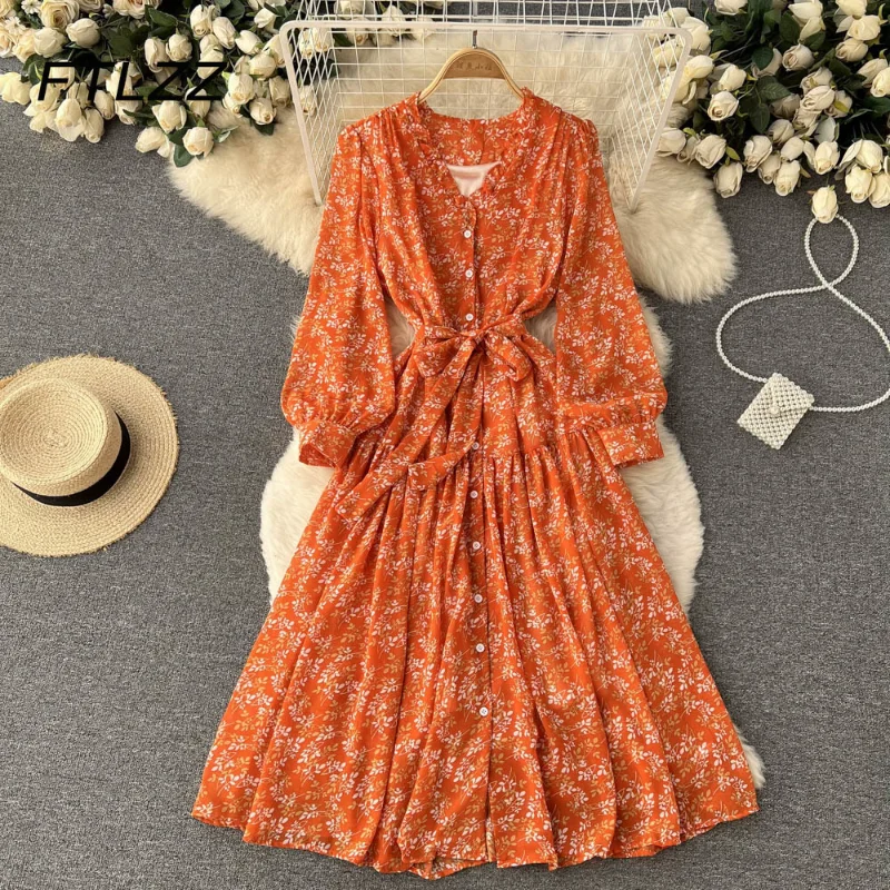 

Женское шифоновое платье-трапеция, элегантное винтажное платье с цветочным принтом и длинным рукавом, с высокой талией, весна-осень 2022