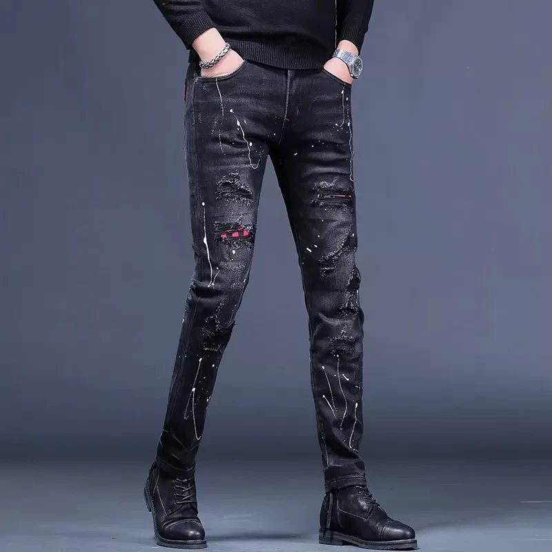Autumn Ripped Patches Black Jeans Men Slim Fit Straight Pants Streetwear Fashion Dots Printed Stretch Denim Trousers CP2010