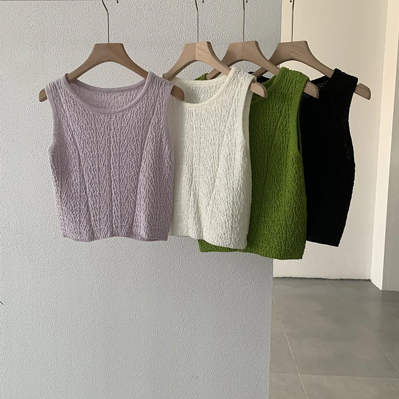 

Жилет женский универсальный, модный однотонный вязаный простой маленький жилет с круглым вырезом, без рукавов, лето 2023