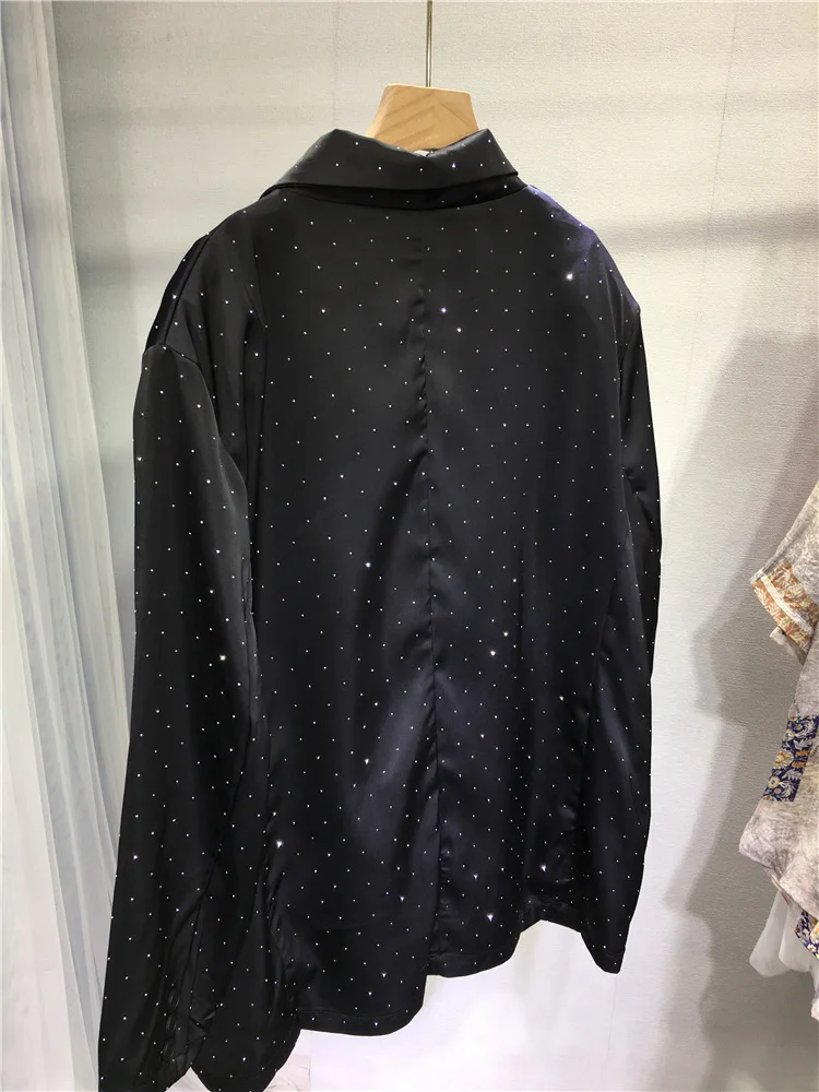 Heavy Industry Diamond Black Suit Jacket for Women 2023 Spring and Autumn Classic Full Diamond V-neck Loose Mid-Length Cardigan