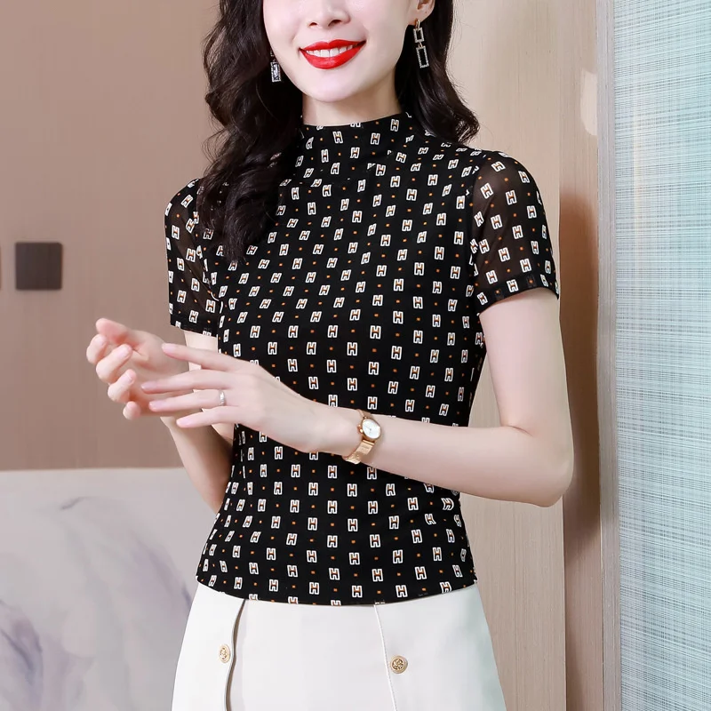 

#9207 Сетчатая футболка с принтом в виде букв, Женская Офисная футболка с полувысоким воротником, женская тонкая эластичная черная футболка с ...