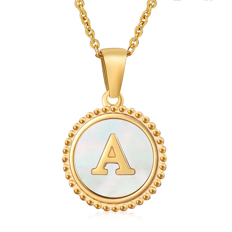

Initial 26 Letters 18K Gold Plated Stainless Steel Vintage Shell Round Coin Letter Pendant Necklaces for Women 2021 Jewelry