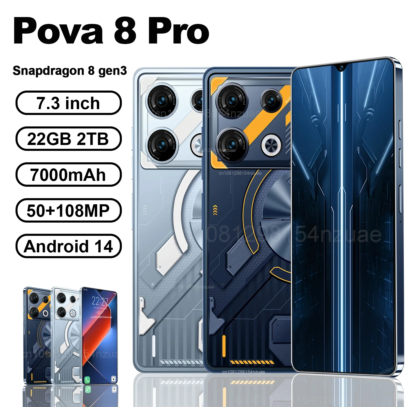 Оригинальный смартфон TEENO Pova 8 Pro 5G 7 3 дюйма HD 22G + 2 ТБ сотовый телефон с двумя