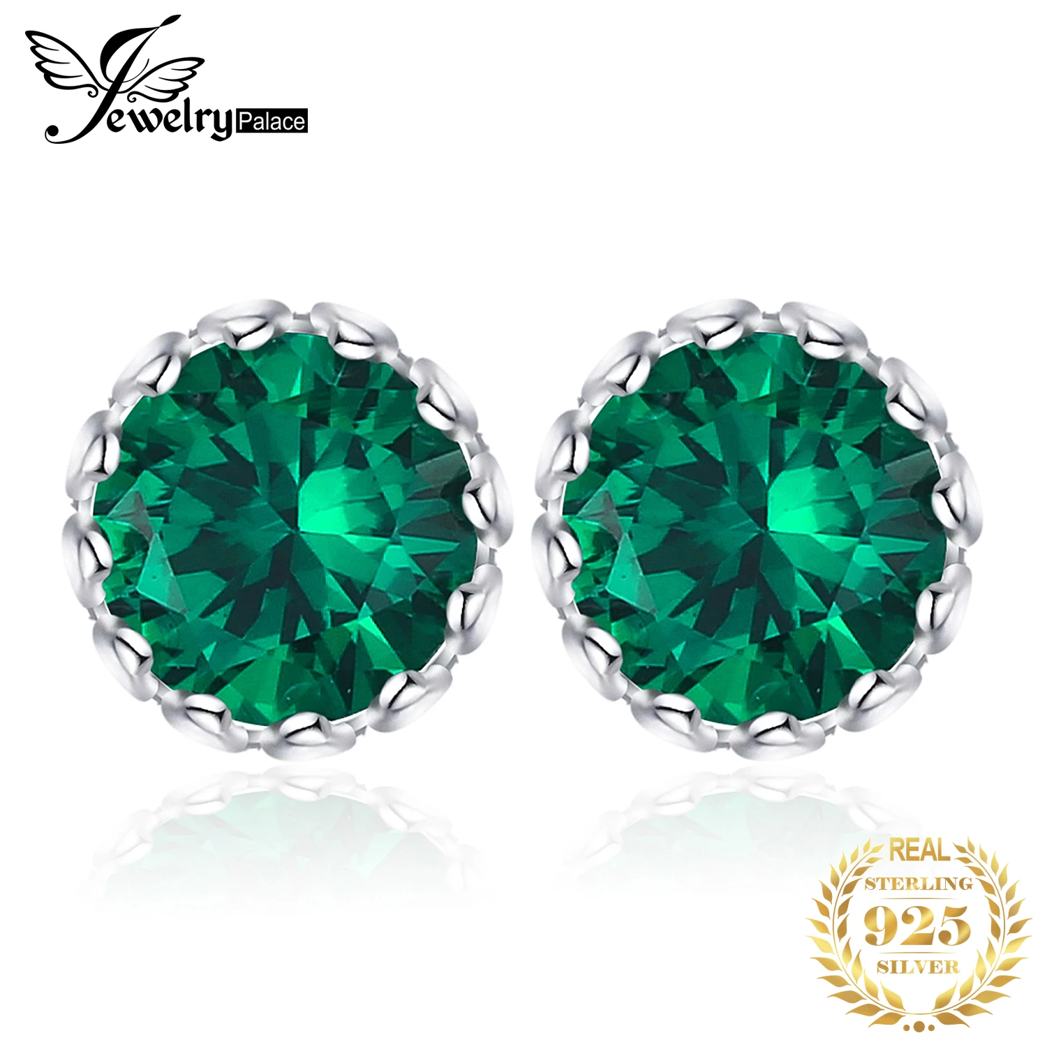 JewelryPalace Round Green Simulated Nano Emerald 925 Sterling Silver Stud Earrings for Women Fashion Statement Gemstone Jewelry