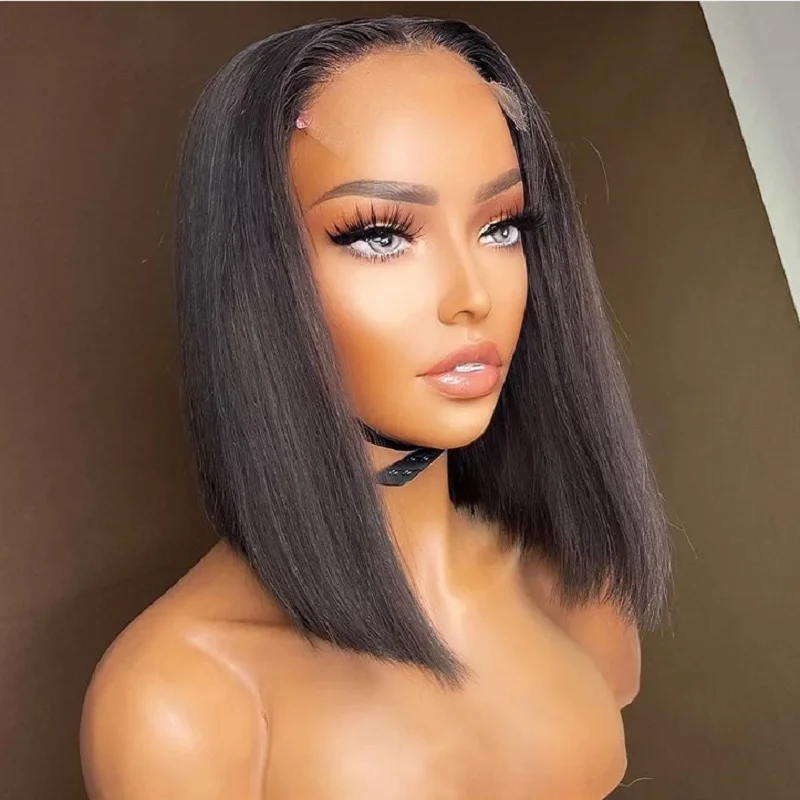 

Soft 14 inch Blunt Short Bob Silky Straight Synthetic Black Lace Front Wig For Women Babyhair Preplucked Glueless Heat Resistant