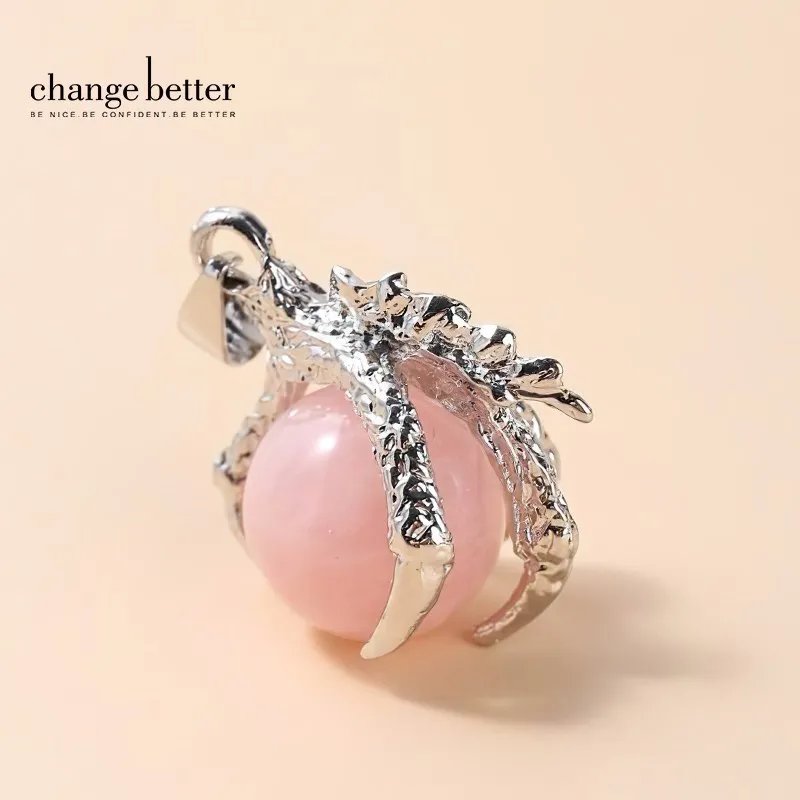 Change Better Natural Pink Quartz Dragon Claw Wraps Alloy Pendants Women Round Bead Charms Diy Handmade Necklace Jewelry Making
