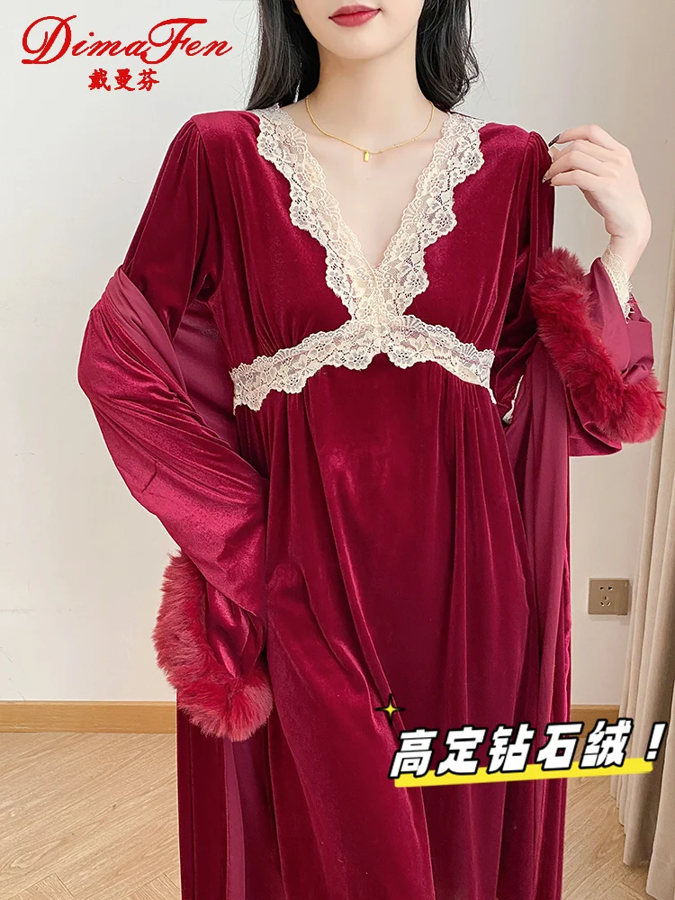 Dai Manfen [Gift Box] Autumn and Winter Diamond Velvet Warm Nightdress Women Year of Fate Red Wedding Pajamas Morning Gowns