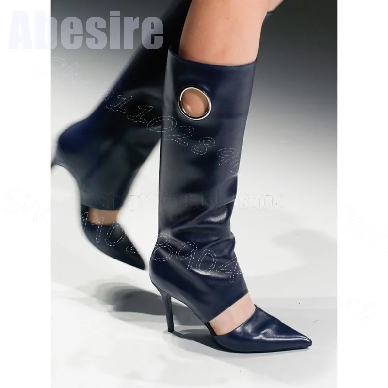 Темно-синие круглые ботинки с острым носком женская обувь без шнуровки туфли на