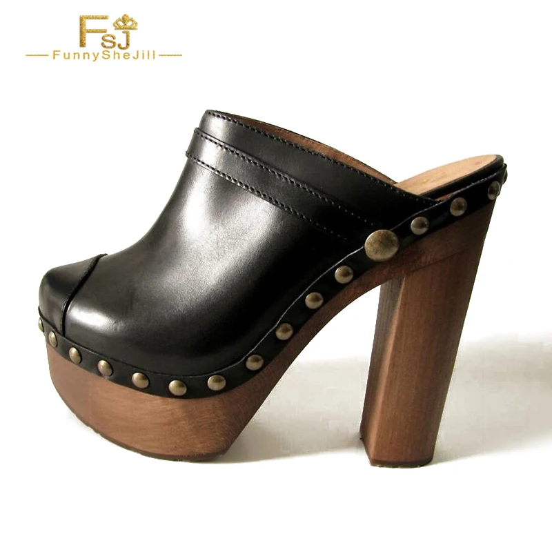 Black Round Toe Slippers Block Heel Thick Bottom Stud Black Clog Slippers Women'S Large Size 15 16