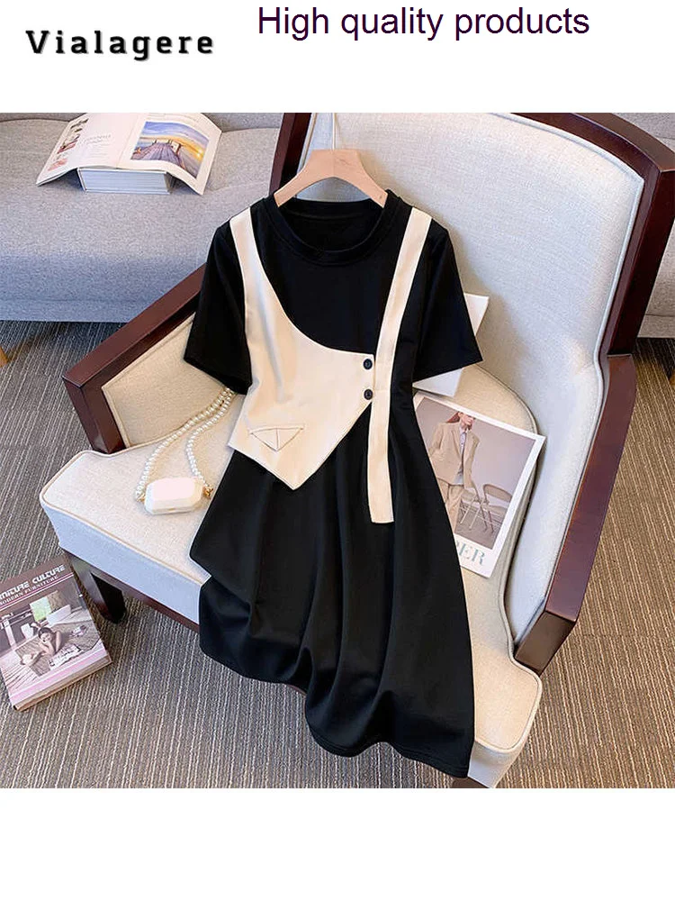 

Summer 2023 Vintage Short Sleeve Round Neck Patchwork Midi Dresses Women's Elegant Classic Office Lady A-Line Black Dress