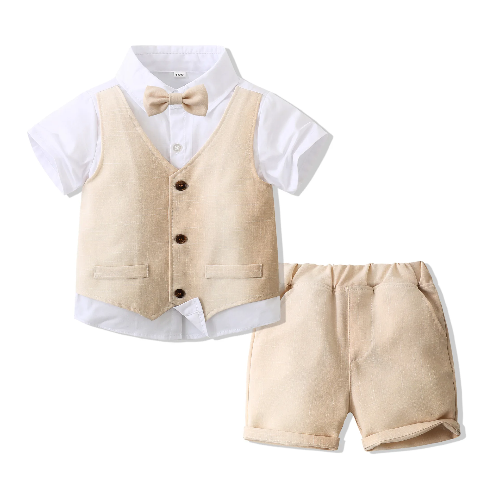

Solid Boy Outfits Gentleman Vest Fake Two-Piece Top Children's Wear Summer Short Sleeve Formal Birthday Boutique Clothing Suit