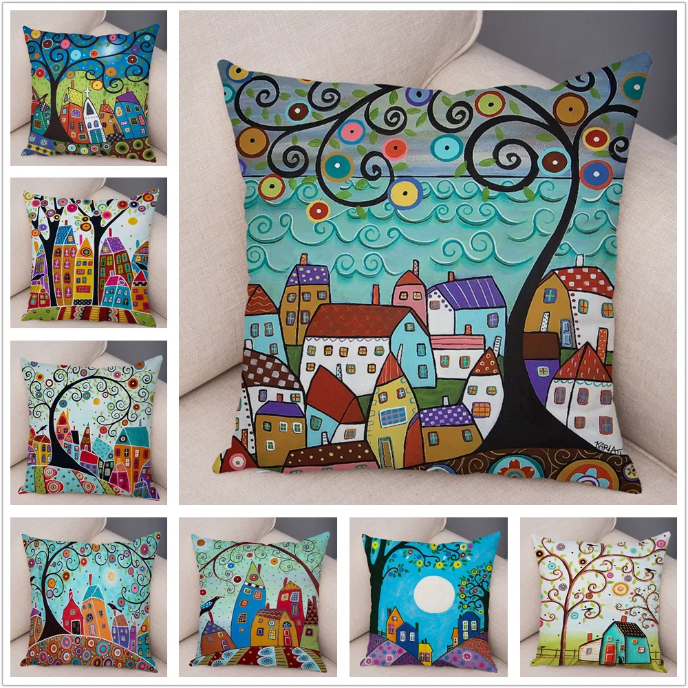 

Чехол для подушки в стиле ретро с изображением города, для домашнего дивана, украшение для автомобиля, разноцветная мультяшная домашняя подушка, чехол Tree, короткая плюшевая наволочка