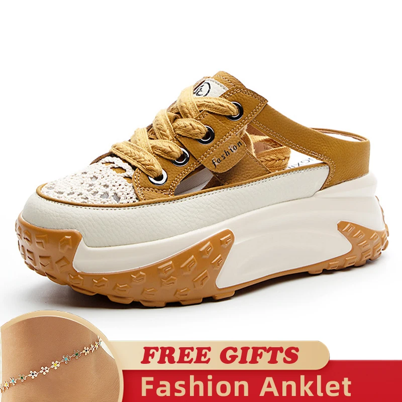 7cm Lace Genuine Leather Slides Hollow Ladies Summer Slippers Breathable Ankle Boots Women Platform Sandals Wedge Woman Shoes