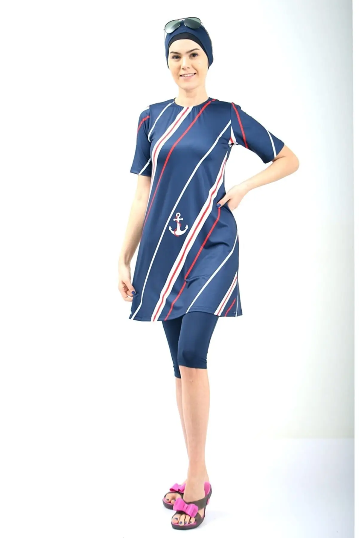 

Muslim Burkinis Marine Half Sleeve Navy Blue Color Swimwear fashion Summer Clothing Hijab Sport Swimsuit Islamic Full Cover