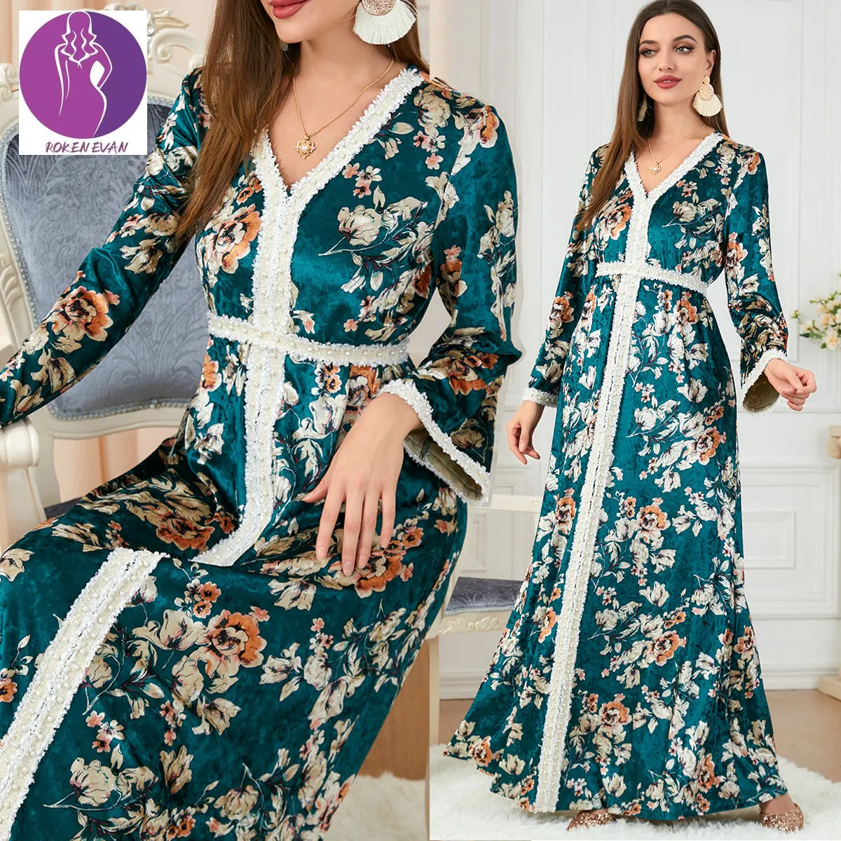 

ROKEN EVAN 2022 Autumn Muslim Arabic Floral Print Velvet Dress Elegant Abaya Maxi Dress Kaftan Femme Musulman Ramdam Season