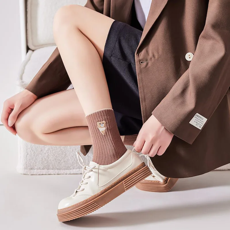 5 Pairs Cute Cartoon Bear Women Socks Spring and Autumn Polyester Cotton Mid-tube Sock Kawaii Korean Japanese Student Girls Sock