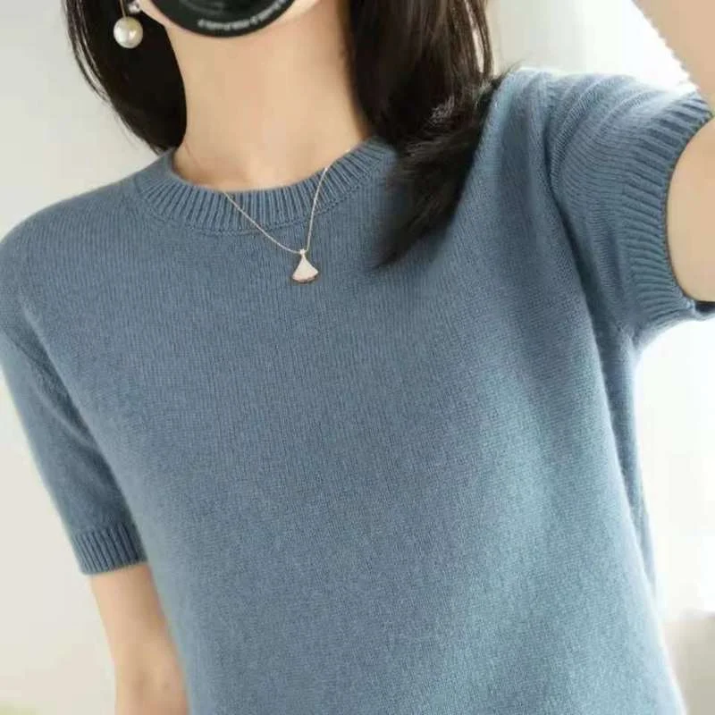 

100% Pure Wool Pullover Vest Shirt Spring 2022 Summer New Short Sleeve Women O-neck Knitted Blouse Knitted Sweater Elegant 18837