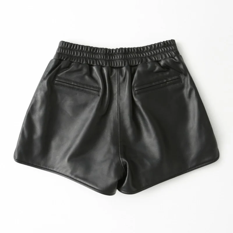 Wide Leather New Genuine Leg Shorts Women 100% Sheepskin Real Leather Shorts Casual Sexy Ladies Loose High Waist Black Shorts