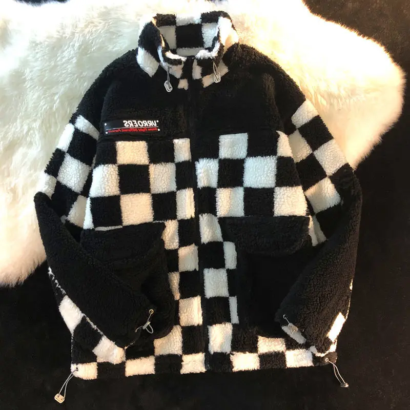 Шахматная бархатная куртка из ягненка Женская водолазка Осень-зима 2021 свободная