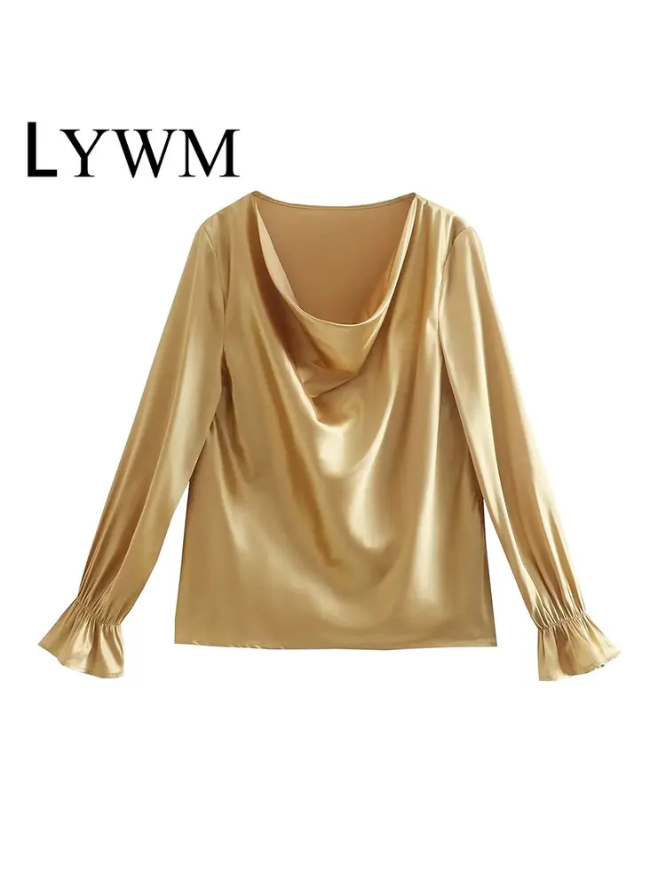

Модная женская однотонная блузка LYWM, винтажная Женская шикарная рубашка с длинным рукавом и круглым вырезом, Топ