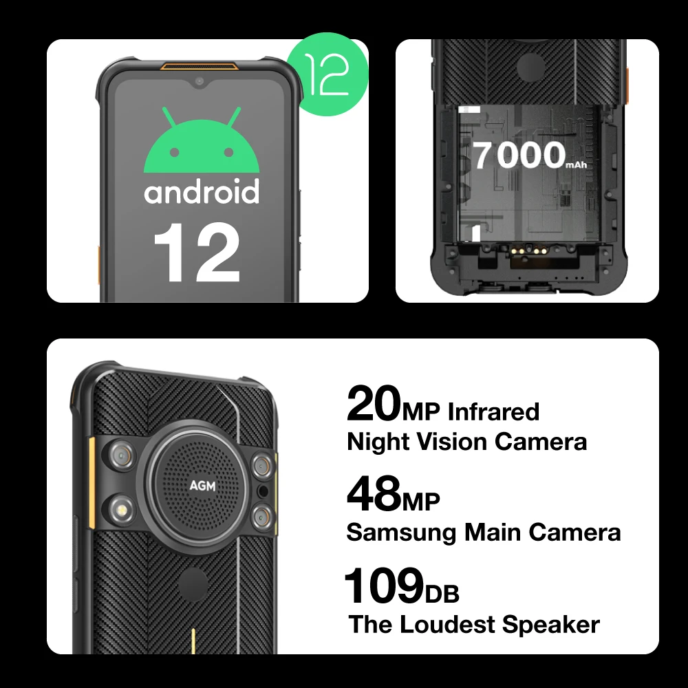 AGM H5 6 + 128G Android 12 прочный смартфон 7000 мАч IP68IP69K сотовый телефон 3,5 Вт громкий динамик функция ночного видения (art.: 3920bf573cdc5) - 3920bf573cdc5