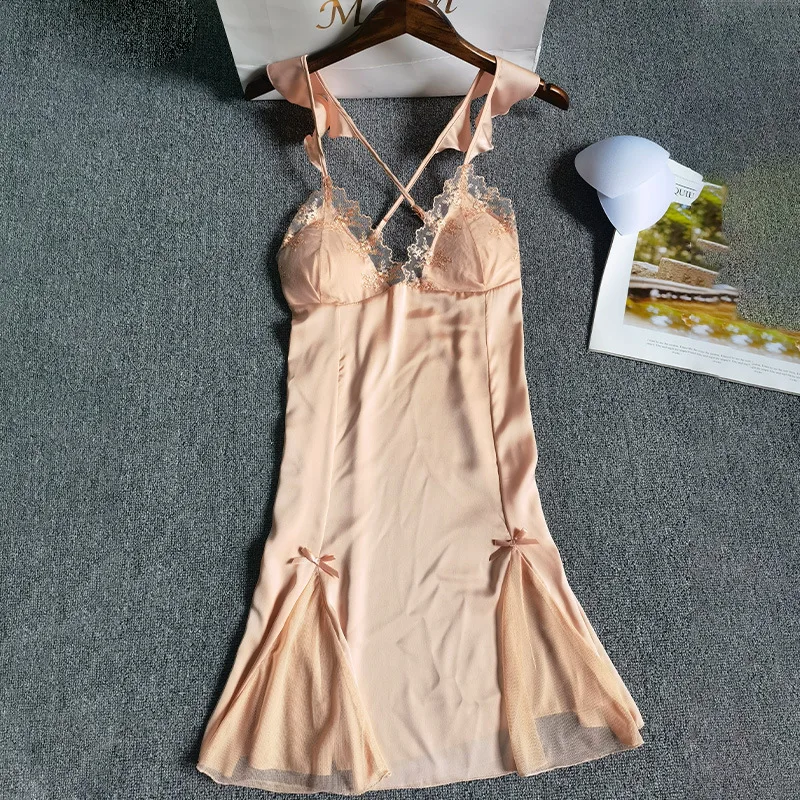 

Pink Short Nightdress Perspective Homewear Sexy Lace Spaghetti Sling Sleepwear Sleepwear Lingerie Women Home Clothing