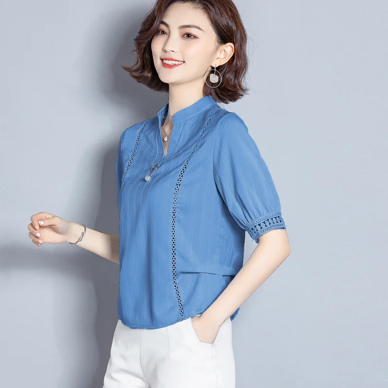 

Chiffon Solid Women Blouse 2022 Summer New V-Neck Half Sleeved Loose Lantern Sleeved Office Lady Elegant Pulls Outwear Tops