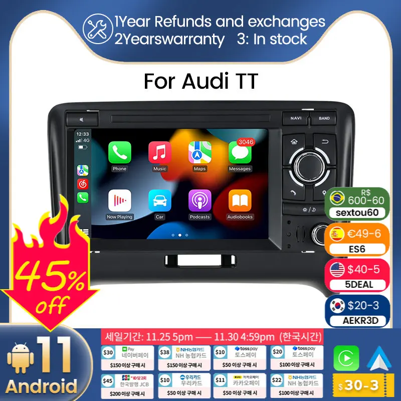 

Car DVD For Audi TT MK2 8J 2006-2012 7inch Screen Car Radio Video Player Multimedia Android 11 Built-in Carplay+Auto WIFI RDS