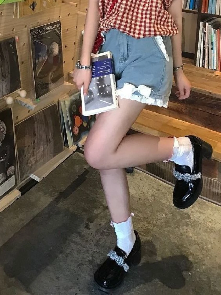 Japanese Lolita Soft Girl Denim Shorts Female Student Spring Summer High Waist Lace Bow A- Line Wide Leg Shorts Jeans Hot Pants