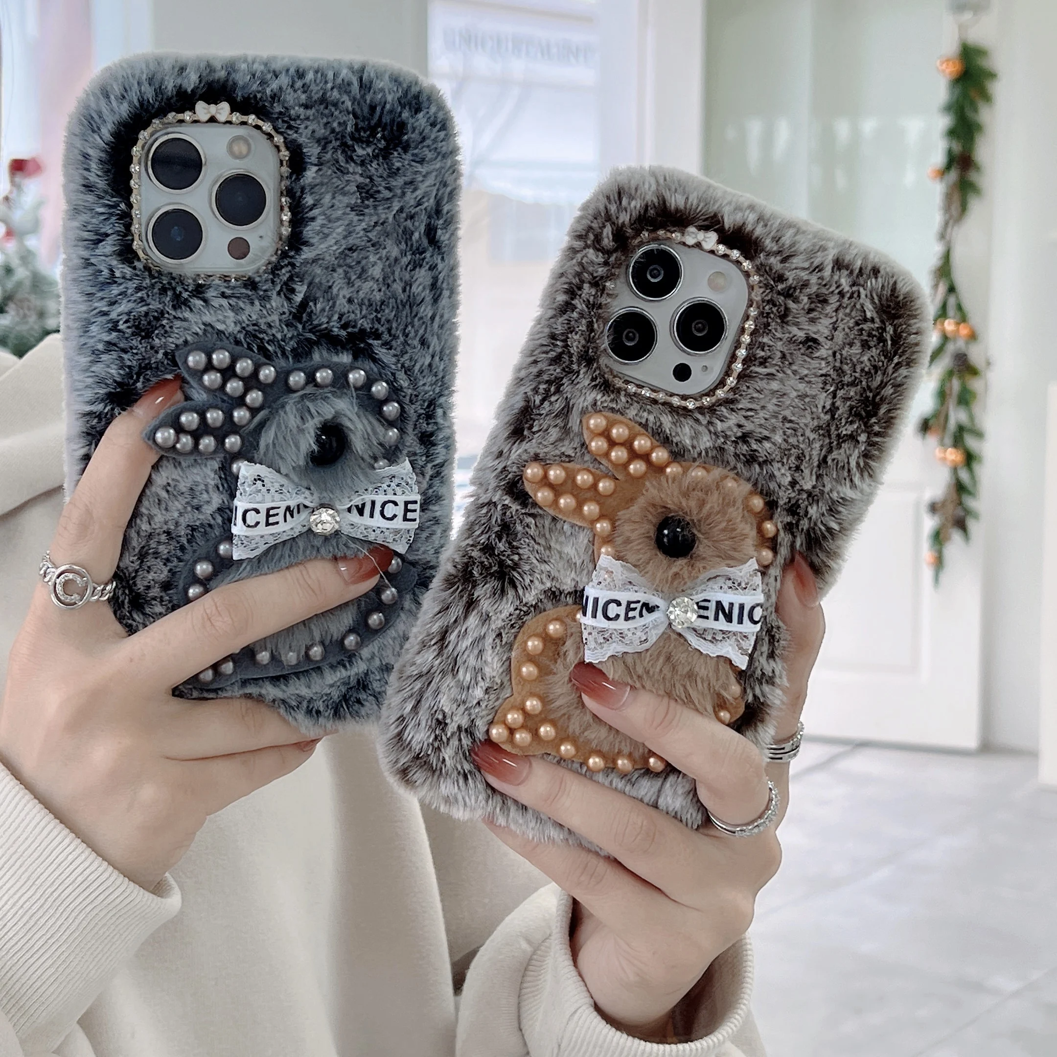 

Fashion Cute Rabbit Bear Furry Phone Case for iPhone 13 12 11 Pro Max XR Xs 7 8 Plus SE 2020 Soft Shockproof Winter Funny Cover