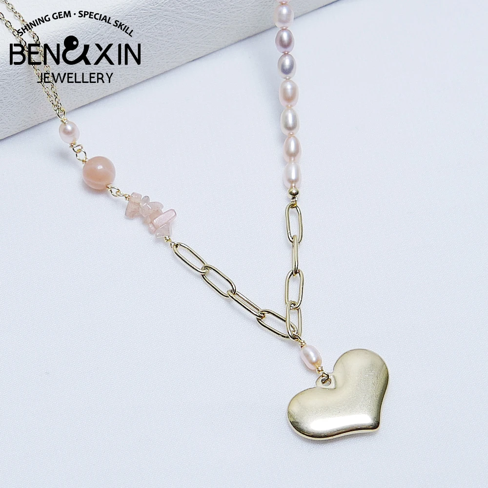 

New Trendy Heart Necklace Pink Natural Pearl Clavicle Chain for Women Fashion Gold Color Stainless Collar Necklace Jewelry Gift