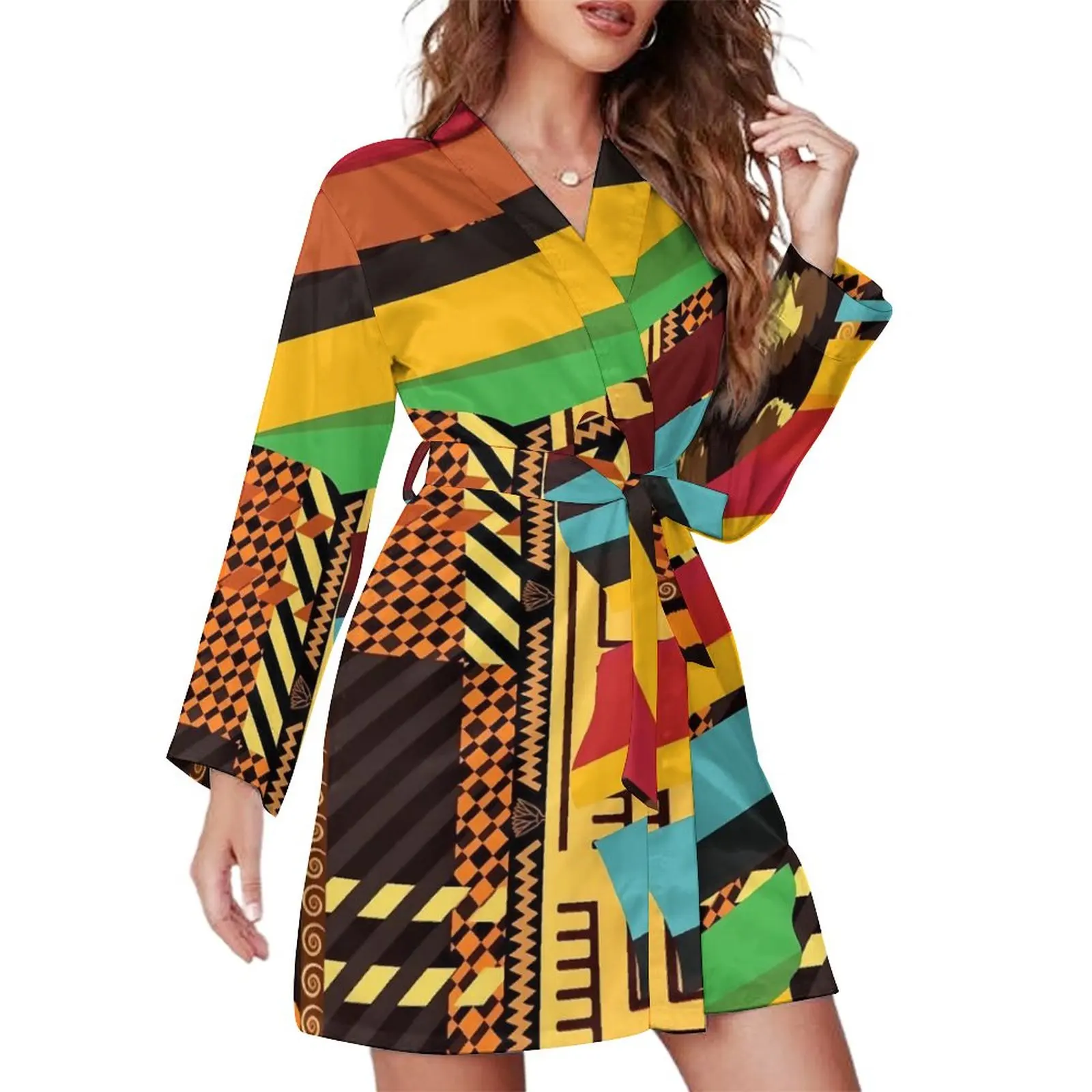 

Пижамный халат с принтом в стиле пэчворк, Женская винтажная африканская домашняя одежда для сна с длинным рукавом и V-образным вырезом, оригинальные пижамные халаты, весеннее сексуальное платье